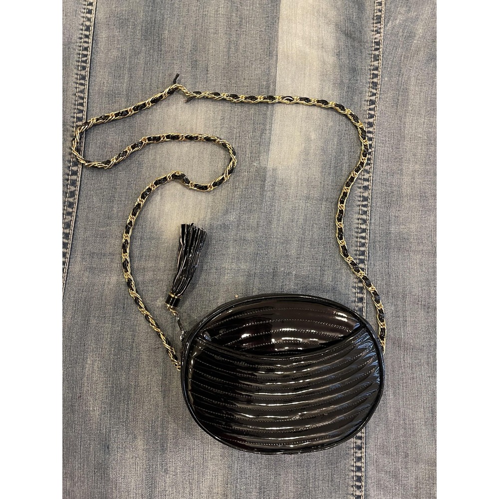 Vintage Courtenay Black Crossbody Leather Patent  Purse Oval Chain Bag Korea